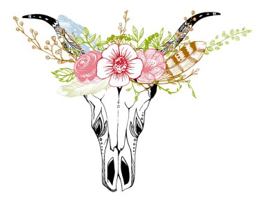 İnek, bufalo, çiçekli kabile tarzı boğa kafatası. Bohem, bohem vektör çizimi. Vahşi ve özgür etnik çingene sembolü.