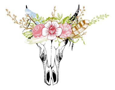 İnek, bufalo, çiçekli kabile tarzı boğa kafatası. Bohem, bohem vektör çizimi. Vahşi ve özgür etnik çingene sembolü.