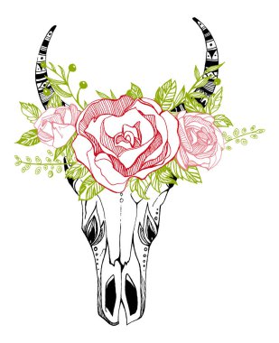 İnek, bufalo, çiçekli kabile tarzı boğa kafatası. Bohem, bohem vektör çizimi. Vahşi ve özgür etnik çingene sembolü.