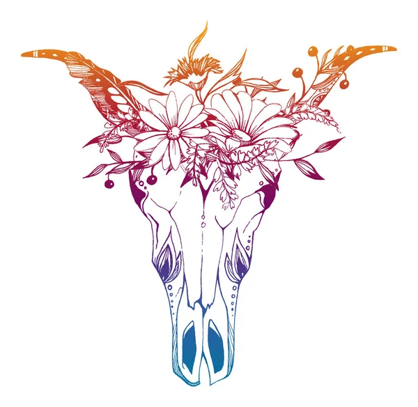 Mucca, bufalo, teschio di toro in stile tribale con fiori. Bohemien, boho vector illustration. Simbolo zingaro etnico selvaggio e libero . — Vettoriale Stock