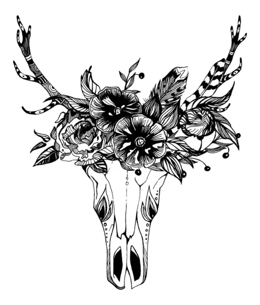 Mucca, bufalo, teschio di toro in stile tribale con fiori. Bohemien, boho vector illustration. Simbolo zingaro etnico selvaggio e libero . — Vettoriale Stock