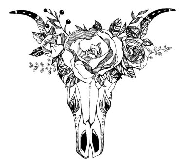 İnek, bufalo, çiçekli kabile tarzı boğa kafatası. Bohem, bohem vektör çizimi. Vahşi ve özgür etnik çingene sembolü.