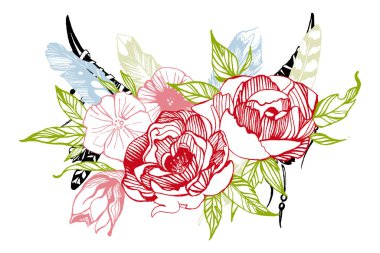 Bohem tarzı çiçekler. Düğün davetiyesi tasarımı için güller ve şakayıklar. Boho geyik boynuzlarıyla vektör illüstrasyonu.