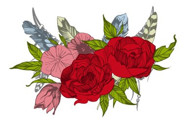 Bohem tarzı çiçekler. Düğün davetiyesi tasarımı için güller ve şakayıklar. Boho geyik boynuzlarıyla vektör illüstrasyonu.