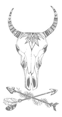 İnek, bufalo, çiçekli kabile tarzı boğa kafatası. Bohem, bohem vektör çizimi. Vahşi ve özgür etnik çingene sembolü.