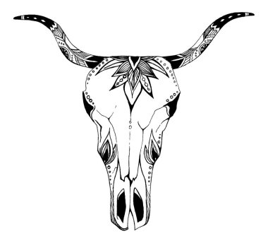 İnek, bufalo, çiçekli kabile tarzı boğa kafatası. Bohem, bohem vektör çizimi. Vahşi ve özgür etnik çingene sembolü.