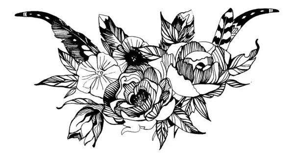 Fiori in stile bohemien. Rose e peonia per il design dell'invito al matrimonio. Illustrazione vettoriale con corna di cervo boho . — Vettoriale Stock