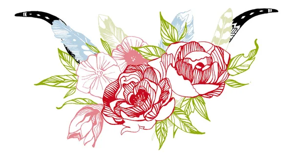 Flores de estilo bohemio. Rosas y peonía para el diseño de la invitación de boda. Ilustración vectorial con cuernos de ciervo boho . — Vector de stock