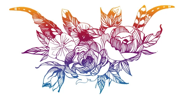 Fiori in stile bohemien. Rose e peonia per il design dell'invito al matrimonio. Illustrazione vettoriale con corna di cervo boho . — Vettoriale Stock