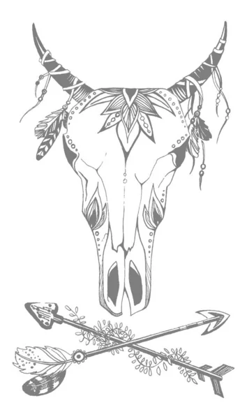 Krowa, bawół, bycza czaszka w stylu plemiennym z kwiatami. Cygańska ilustracja wektora boho. Dziki i wolny symbol Cyganów etnicznych. — Wektor stockowy