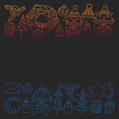 Hediyeler, Sevimli karikatür hayvanlar ile kağıt sarma için kış Noel vektör deseni. Yeni yıl kutlama.