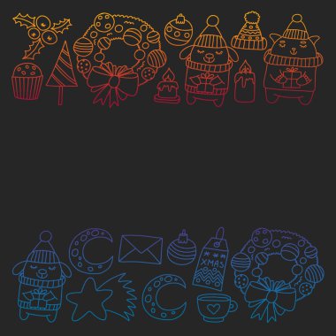 Hediyeler, Sevimli karikatür hayvanlar ile kağıt sarma için kış Noel vektör deseni. Yeni yıl kutlama.