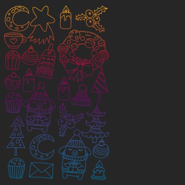 Hediyeler, Sevimli karikatür hayvanlar ile kağıt sarma için kış Noel vektör deseni. Yeni yıl kutlama.