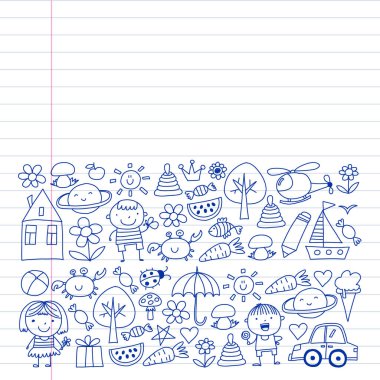 Sevimli küçük çocuklar oynar. Anaokulu, eğitim, spor. Desenler, afişler, posterler için çocuk ve oyuncaklar Simgeleri.