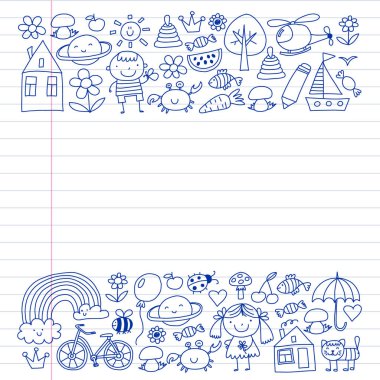 Sevimli küçük çocuklar oynar. Anaokulu, eğitim, spor. Desenler, afişler, posterler için çocuk ve oyuncaklar Simgeleri.