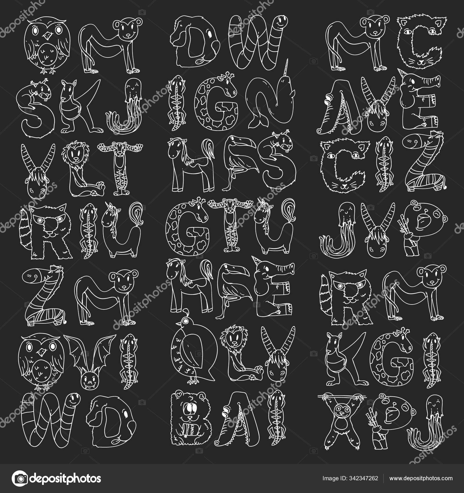 Animal alphabet. Zoo alphabet. Letters from A to Z. Cartoon cute