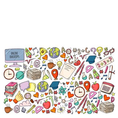 Okula geri dön. Vektör simgeleri ve küçük çocuklar için öğeleri, kolej, online kurslar. Doodle tarzı, çocuk çizim