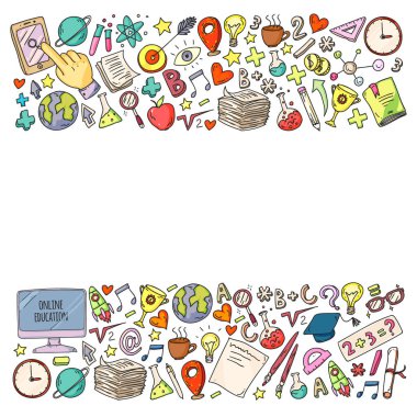 Okula geri dön. Vektör simgeleri ve küçük çocuklar için öğeleri, kolej, online kurslar. Doodle tarzı, çocuk çizim