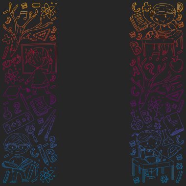 Okula geri dön. Vektör simgeleri ve küçük çocuklar için öğeleri, kolej, online kurslar. Doodle tarzı, çocuk çizim