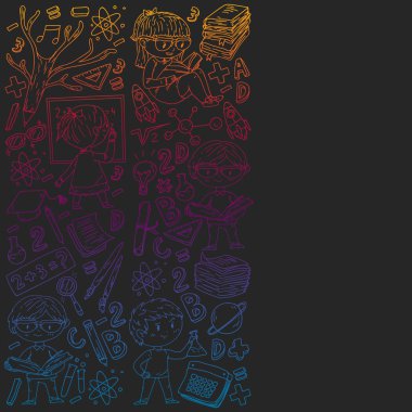 Okula geri dön. Vektör simgeleri ve küçük çocuklar için öğeleri, kolej, online kurslar. Doodle tarzı, çocuk çizim