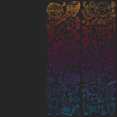 Okula geri dön. Vektör simgeleri ve küçük çocuklar için öğeleri, kolej, online kurslar. Doodle tarzı, çocuk çizim