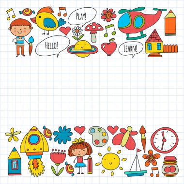 Küçük çocuklar ile vektör deseni. Anaokulu, oyun ve birlikte büyümek. Doodle tarzında oyuncaklar ve çocuklar simgeleri