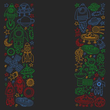 Uzayda küçük çocuklar ile vektör deseni. Dünya, ay, uzay gemileri, yıldızlar, kuyruklu yıldızlar, roketler, uzay mekiği, uzaylılar, ufo.