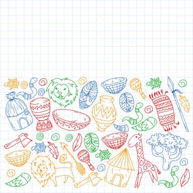 Afiş ve posterler için Vektör afrika kabile desen. Hayvanların simgeleri ve çocuklar için geleneksel unsurlar kumaş, giysi, tekstil. Seyahat ve macera