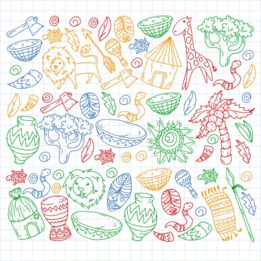 Afiş ve posterler için Vektör afrika kabile desen. Hayvanların simgeleri ve çocuklar için geleneksel unsurlar kumaş, giysi, tekstil. Seyahat ve macera