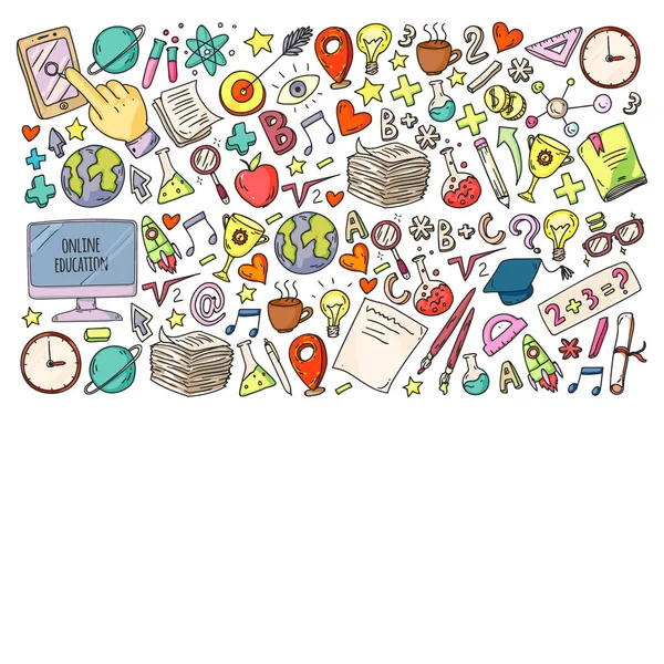 Zurück zur Schule. Vektor-Symbole und Elemente für kleine Kinder, College, Online-Kurse. Doodle-Stil, Kinder zeichnen — Stockvektor