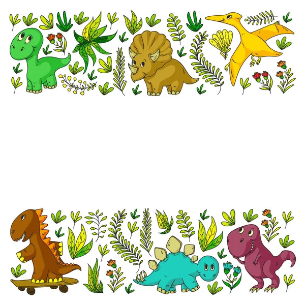 Mönster barn tyg, textil, plantskola tapet. Vektor illustration. Handritade dinosaurier, Dino för små barn. — Stock vektor