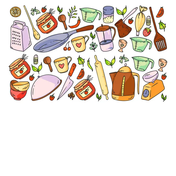 Patrón con comida y ambiente de cocina. Clase de cocina, menú para restaurante, pancartas para tiendas — Vector de stock