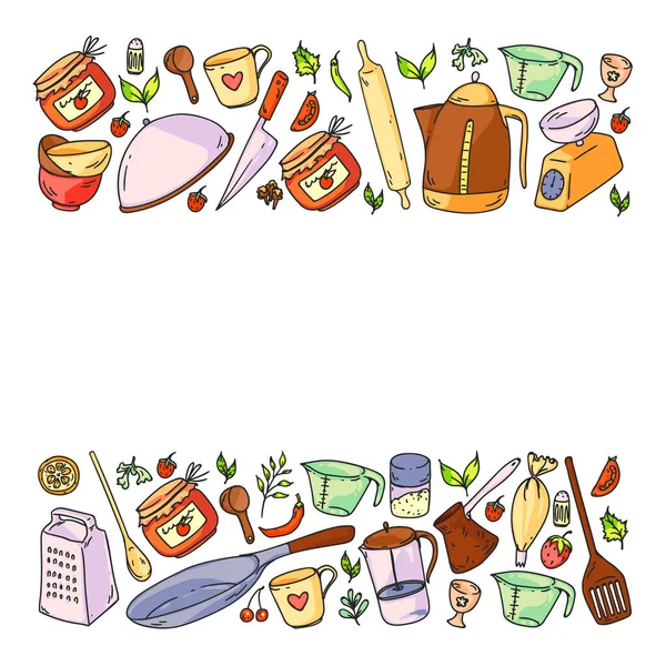 Patrón con comida y ambiente de cocina. Clase de cocina, menú para restaurante, pancartas para tiendas — Vector de stock