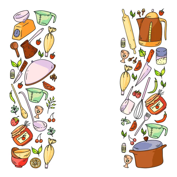 Pattern with food and kitchen enviroment. Cooking class, menu for restaurant, banners for stores — Stok Vektör