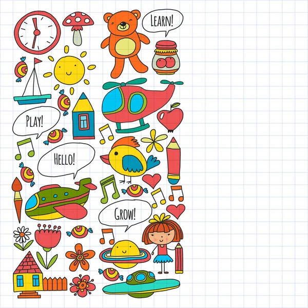 Patrón vectorial con niños pequeños. Jardín de infantes, jugar y crecer juntos. Iconos de juguetes y niños en estilo doodle — Archivo Imágenes Vectoriales