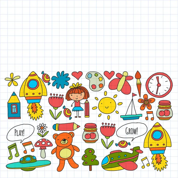 Patrón vectorial con niños pequeños. Jardín de infantes, jugar y crecer juntos. Iconos de juguetes y niños en estilo doodle — Archivo Imágenes Vectoriales