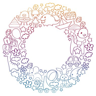 Çocuk oyuncakları ile vektör deseni. Küçük çocuklar için Doodle tarzında anaokulu elemanları. Eğitim, oyun, büyümek