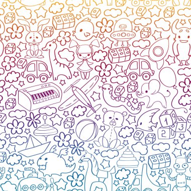 Çocuk oyuncakları ile vektör deseni. Küçük çocuklar için Doodle tarzında anaokulu elemanları. Eğitim, oyun, büyümek