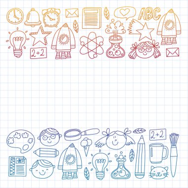 Posterler, afişler, kapaklar için okul simgelerine geri dönen vektör deseni. Çocuklar, çocuk eğitimi.