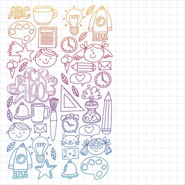 Posterler, afişler, kapaklar için okul simgelerine geri dönen vektör deseni. Çocuklar, çocuk eğitimi.