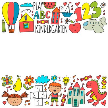 Anaokulu afişleri için vektör deseni, ay, gezegen, uzay gemisi, roket, güneş, meyve, ev, çiçek posterleri. Yaratıcılık ve hayal gücü.