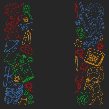 Sevimli okul çocukları. Hayal gücü ve yaratıcılık. Çal ve öğren, şarkı söyle, dans et, oku, çizim yap.