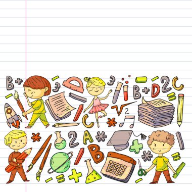 Sevimli okul çocukları. Hayal gücü ve yaratıcılık. Çal ve öğren, şarkı söyle, dans et, oku, çizim yap.