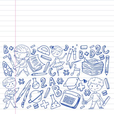 Sevimli okul çocukları. Hayal gücü ve yaratıcılık. Çal ve öğren, şarkı söyle, dans et, oku, çizim yap.