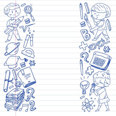 Sevimli okul çocukları. Hayal gücü ve yaratıcılık. Çal ve öğren, şarkı söyle, dans et, oku, çizim yap.