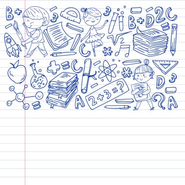 Sevimli okul çocukları. Hayal gücü ve yaratıcılık. Çal ve öğren, şarkı söyle, dans et, oku, çizim yap.