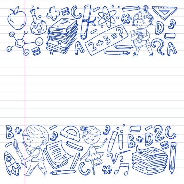 Sevimli okul çocukları. Hayal gücü ve yaratıcılık. Çal ve öğren, şarkı söyle, dans et, oku, çizim yap.