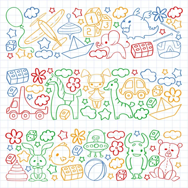 Patrón vectorial con juguetes para niños. Elementos de jardín de infantes en estilo doodle para niños pequeños. Educación, juego, crecer — Vector de stock