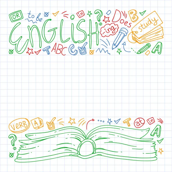 Angol nyelvtanfolyamok. Doodle vektor koncepció illusztrálja a tanulás angol nyelv. — Stock Vector