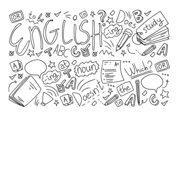 Engelska kurser. Doodle Vector koncept illustration av lärande engelska språket. — Stock vektor